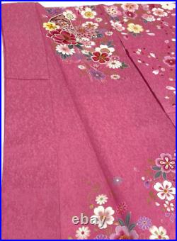 Furisode Kimono Pure Silk Pink Silver Red White Yellow Thread Various Flowers