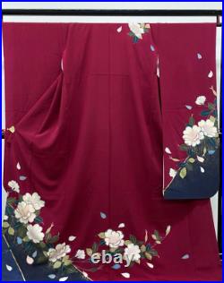 Furisode Kimono Pure Silk Red Chirimen White Flowers Gorgeous Design 170cm Japan