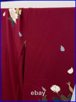 Furisode Kimono Pure Silk Red Chirimen White Flowers Gorgeous Design 170cm Japan