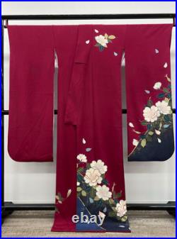 Furisode Kimono Pure Silk Red Chirimen White Flowers Gorgeous Design 170cm Japan