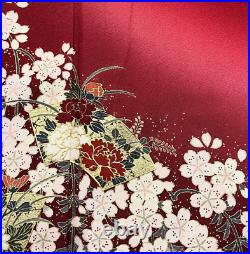 Furisode Kimono Pure Silk Wine Red Beautiful Design Sakura Cherry Blossoms Japan