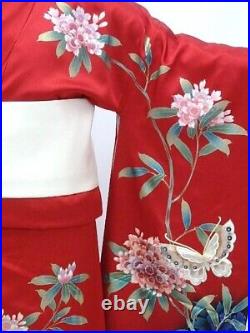 Furisode Kimono Robe XL Size Silk Wedding Dress Vintage Japanese Red Floral F/S