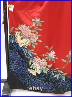 Furisode Kimono Robe XL Size Silk Wedding Dress Vintage Japanese Red Floral F/S