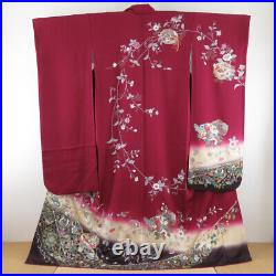 Furisode Kimono Silk Phoenix pattern on calico Red 65.7inch Women's