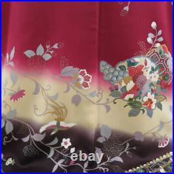 Furisode Kimono Silk Phoenix pattern on calico Red 65.7inch Women's