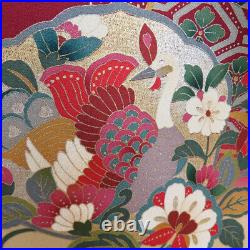 Furisode Kimono Silk Phoenix pattern on calico Red 65.7inch Women's