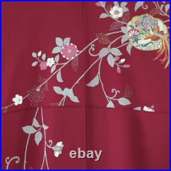 Furisode Kimono Silk Phoenix pattern on calico Red 65.7inch Women's