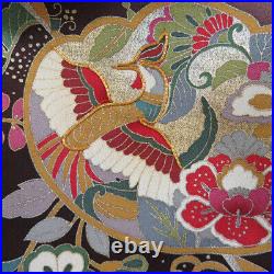 Furisode Kimono Silk Phoenix pattern on calico Red 65.7inch Women's