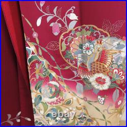 Furisode Kimono Silk Phoenix pattern on calico Red 65.7inch Women's