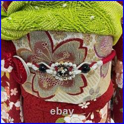 Furisode Red White Full set of Japanese Kimono Pure Silk flower pattern
