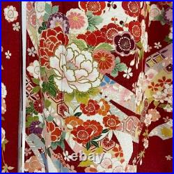 Furisode Red White Full set of Japanese Kimono Pure Silk flower pattern