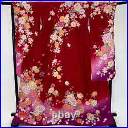 Furisode japanese kimono used pure silk floral pattern L size red 1928