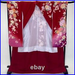 Furisode japanese kimono used pure silk floral pattern L size red 1928