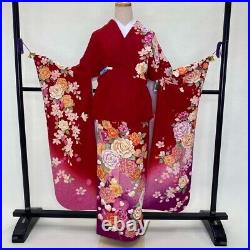 Furisode japanese kimono used pure silk floral pattern L size red 1928