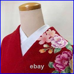 Furisode japanese kimono used pure silk floral pattern L size red 1928