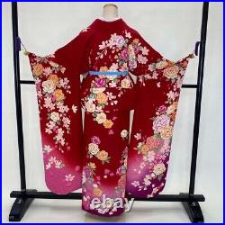 Furisode japanese kimono used pure silk floral pattern L size red 1928