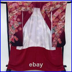 Furisode japanese kimono used pure silk floral pattern L size red 1929