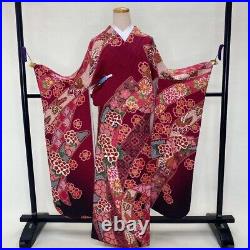 Furisode japanese kimono used pure silk floral pattern L size red 1929