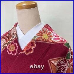 Furisode japanese kimono used pure silk floral pattern L size red 1929