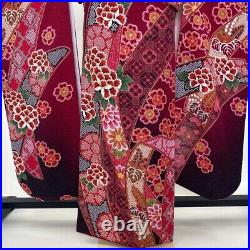 Furisode japanese kimono used pure silk floral pattern L size red 1929