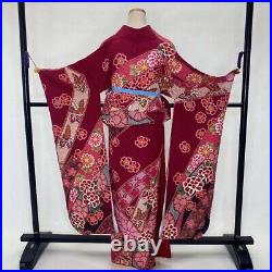 Furisode japanese kimono used pure silk floral pattern L size red 1929