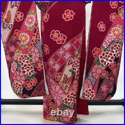 Furisode japanese kimono used pure silk floral pattern L size red 1929