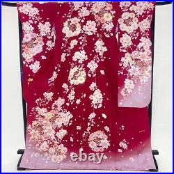 Furisode japanese kimono used pure silk floral pattern L size red 1930