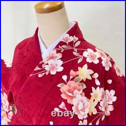 Furisode japanese kimono used pure silk floral pattern L size red 1930