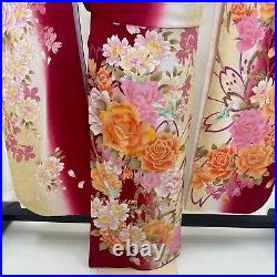 Furisode japanese kimono used pure silk floral pattern L size red 1931