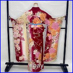 Furisode japanese kimono used pure silk floral pattern L size red 1931