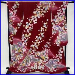 Furisode japanese kimono used pure silk floral pattern L size red light 1926