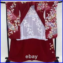 Furisode japanese kimono used pure silk floral pattern L size red light 1926