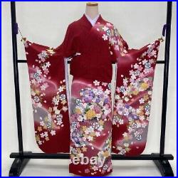 Furisode japanese kimono used pure silk floral pattern L size red light 1926