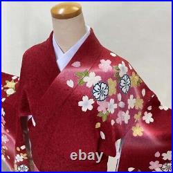 Furisode japanese kimono used pure silk floral pattern L size red light 1926