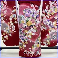 Furisode japanese kimono used pure silk floral pattern L size red light 1926