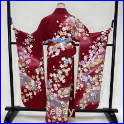 Furisode japanese kimono used pure silk floral pattern L size red light 1926