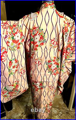 Handmade Silk Floral Kimono Pinks Reds Purple size S/M Japan Traditional