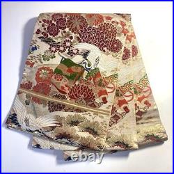 Japanese 1511 Round Obi Silk Crane Beige Golden Red White Black Green Floral