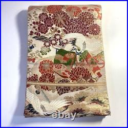 Japanese 1511 Round Obi Silk Crane Beige Golden Red White Black Green Floral