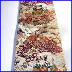 Japanese 1511 Round Obi Silk Crane Beige Golden Red White Black Green Floral