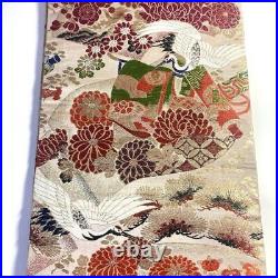 Japanese 1511 Round Obi Silk Crane Beige Golden Red White Black Green Floral