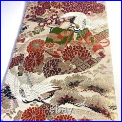 Japanese 1511 Round Obi Silk Crane Beige Golden Red White Black Green Floral