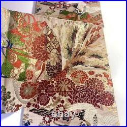 Japanese 1511 Round Obi Silk Crane Beige Golden Red White Black Green Floral