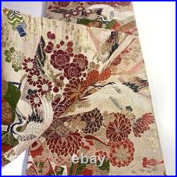 Japanese 1511 Round Obi Silk Crane Beige Golden Red White Black Green Floral