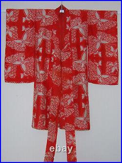 Japanese Antique Girls Silk UnderKimono, Red Block Printed, Itajime, 1890s-1910s