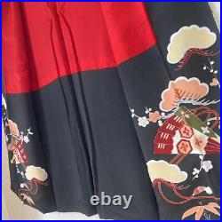 Japanese Antique Kimono Black Tomesode Taisho Red Silk Pine Bamboo