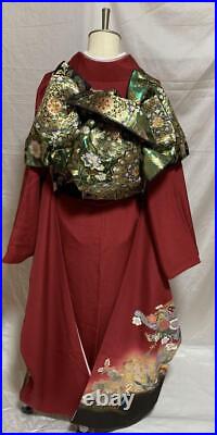 Japanese Furisode Chirimen Pure Silk 6 Piece Set Red From Japan