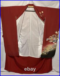 Japanese Furisode Chirimen Pure Silk 6 Piece Set Red From Japan