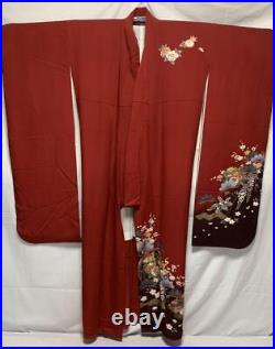 Japanese Furisode Pure Silk Pine Plum Red From Japan