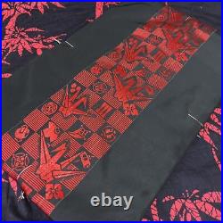 Japanese Kimono Black Red Origami Crane Pure Silk Nagoya Obi